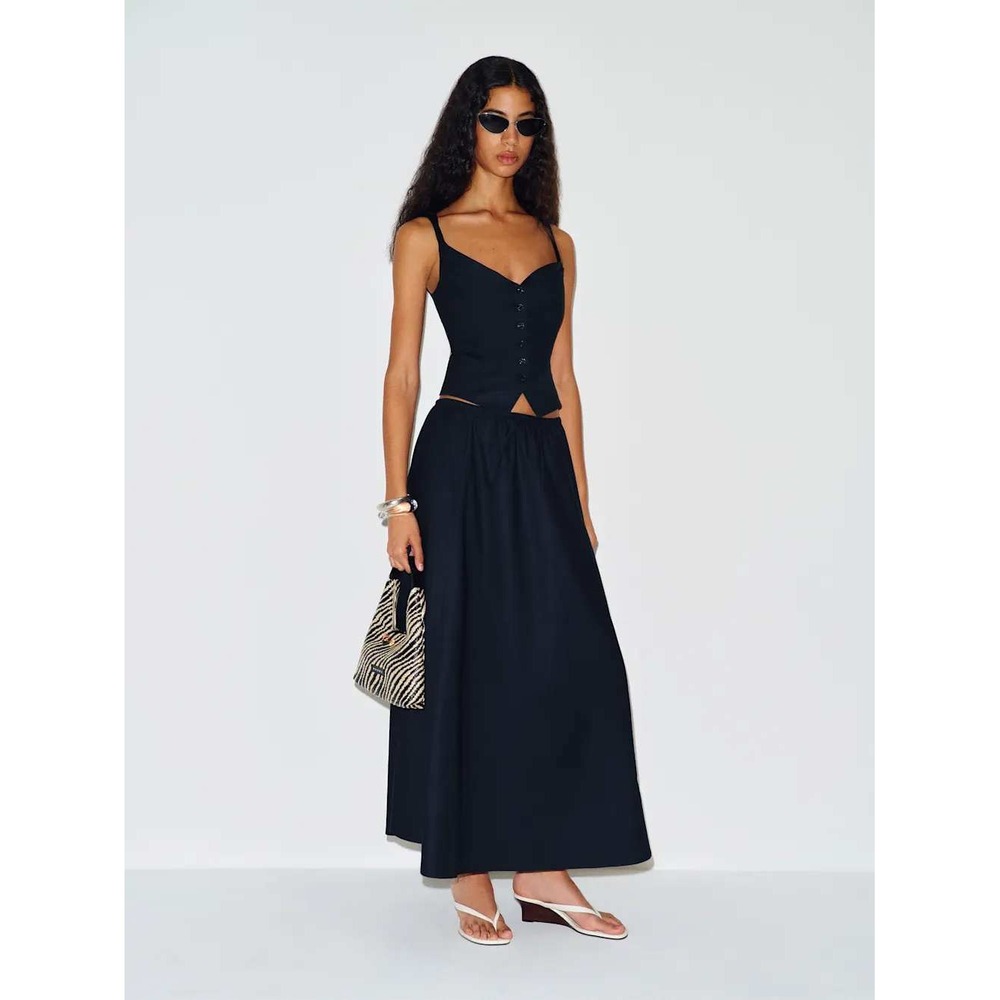 Reformation Cleo Navy Blue Elastic Waist Drawstring A-Line Maxi Skirt Small USA